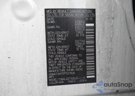 2015 Nissan Rogue Sv z USA, uszkodzony, nr VIN KNMAT2MT1FP527606